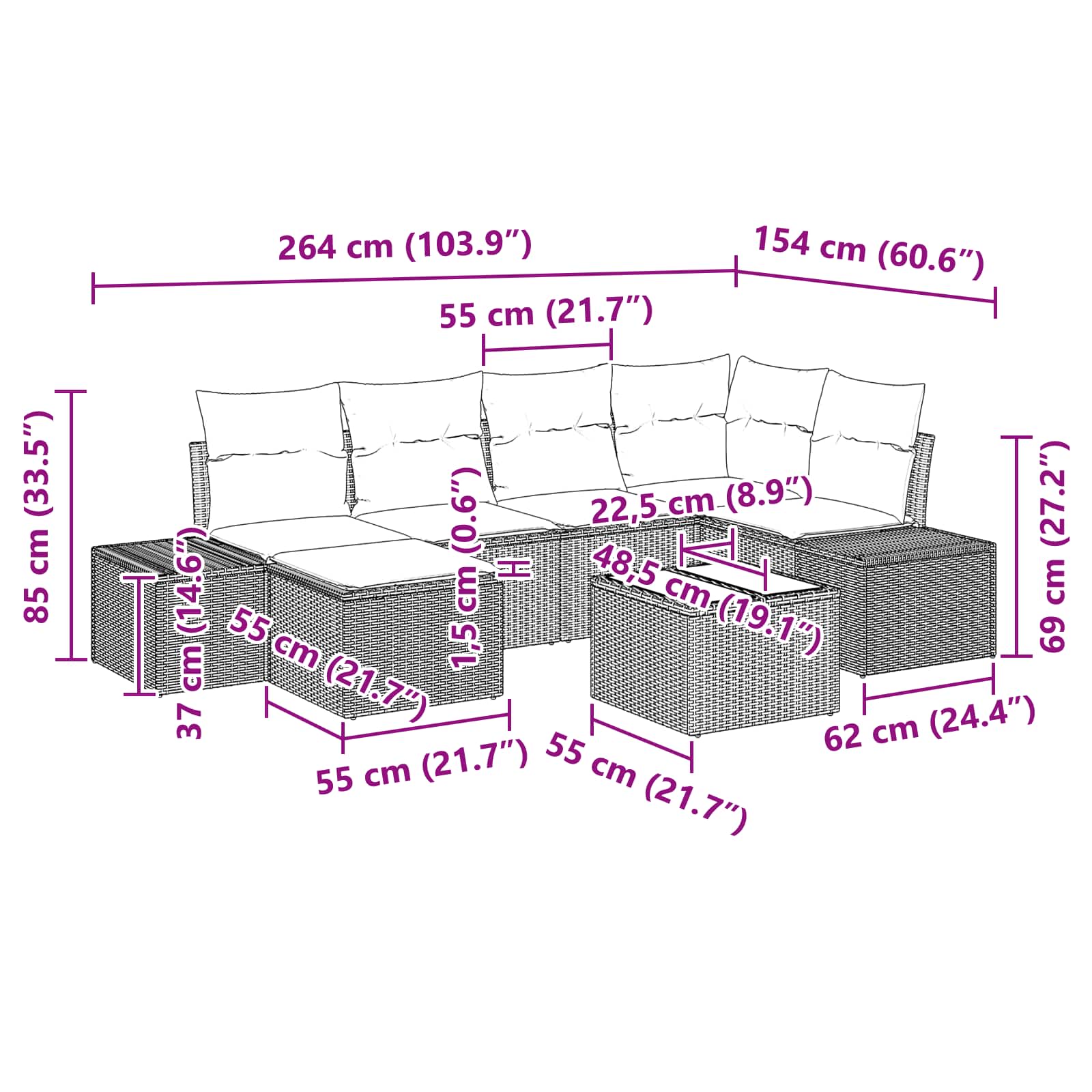 Ensemble de canapé de jardin 7 pcs Marron polyrotin