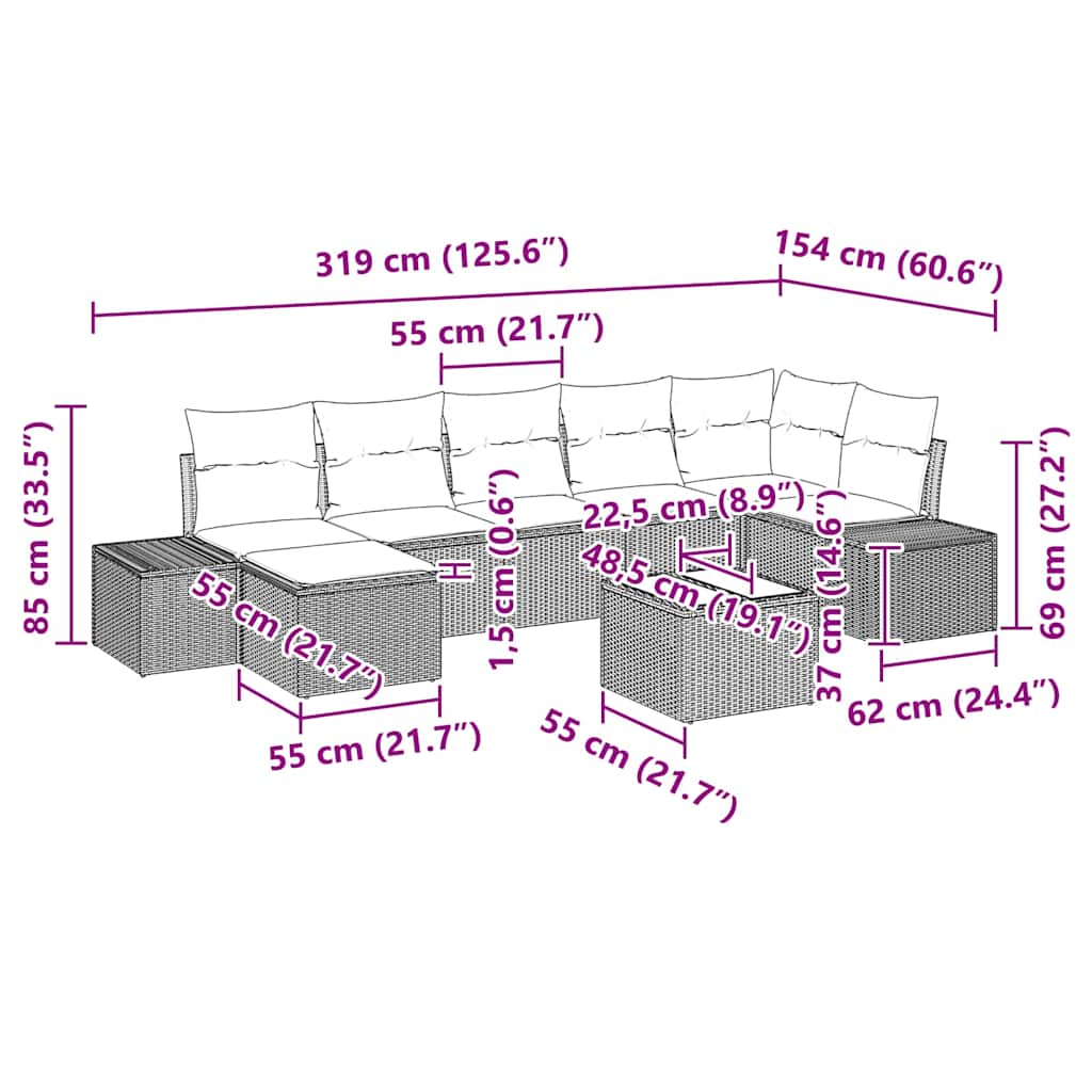 Ensemble de canapé de jardin avec coussin 8 pcs Beige polyrotin
