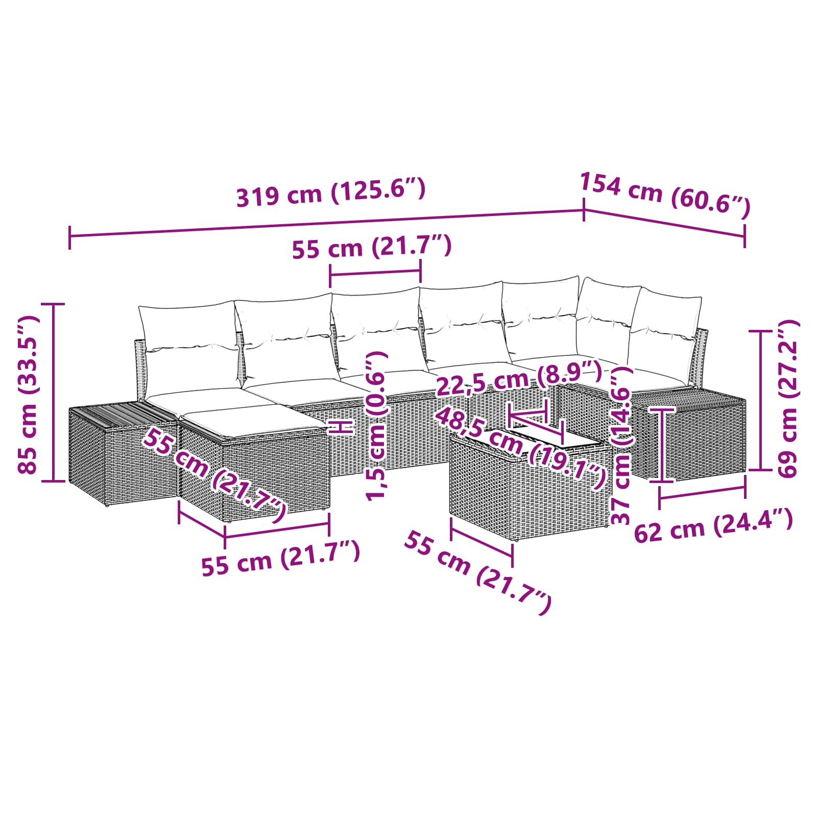 Ensemble de canapé de jardin 8 pcs Marron polyrotin