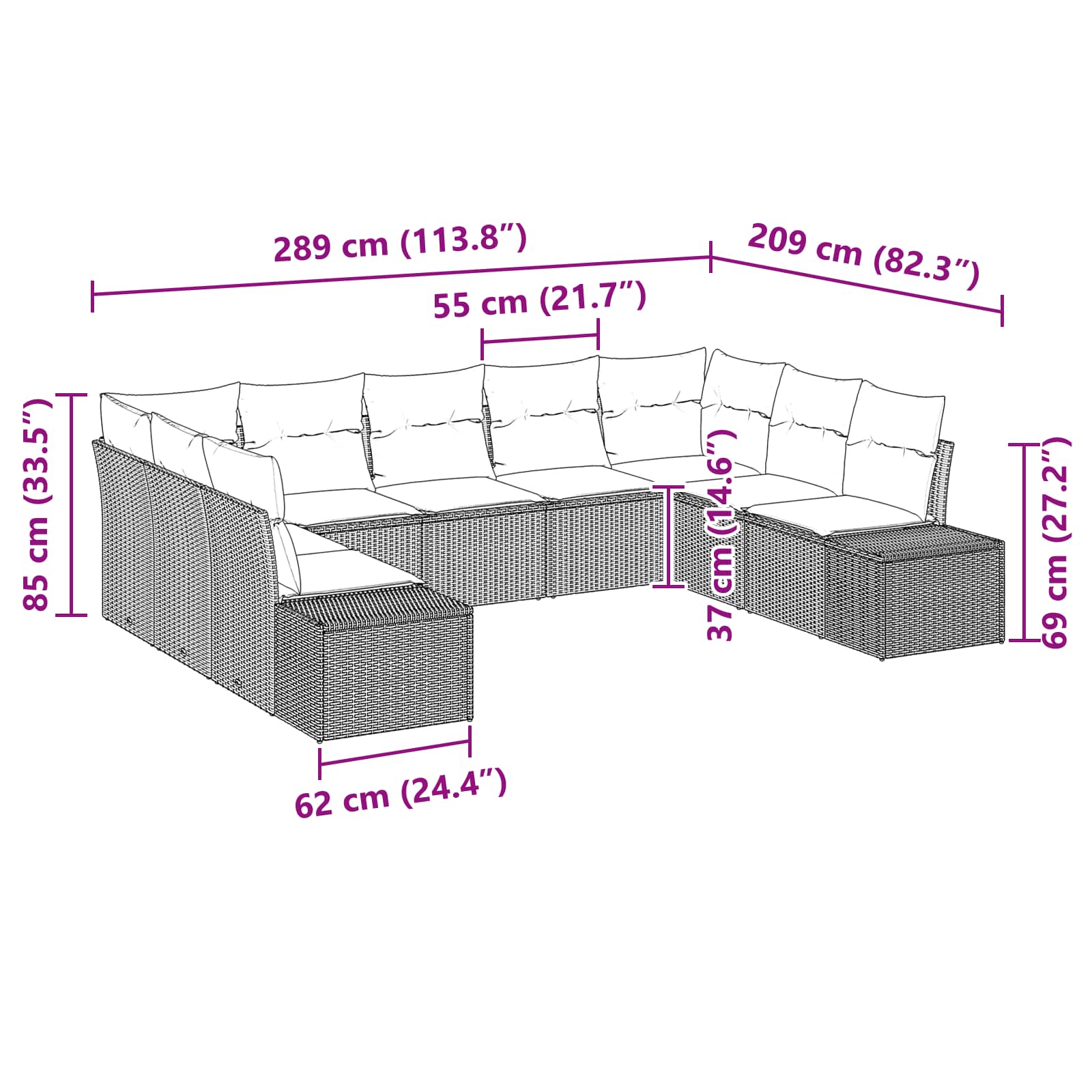 Ensemble de canapé de jardin 9 pcs Marron polyrotin