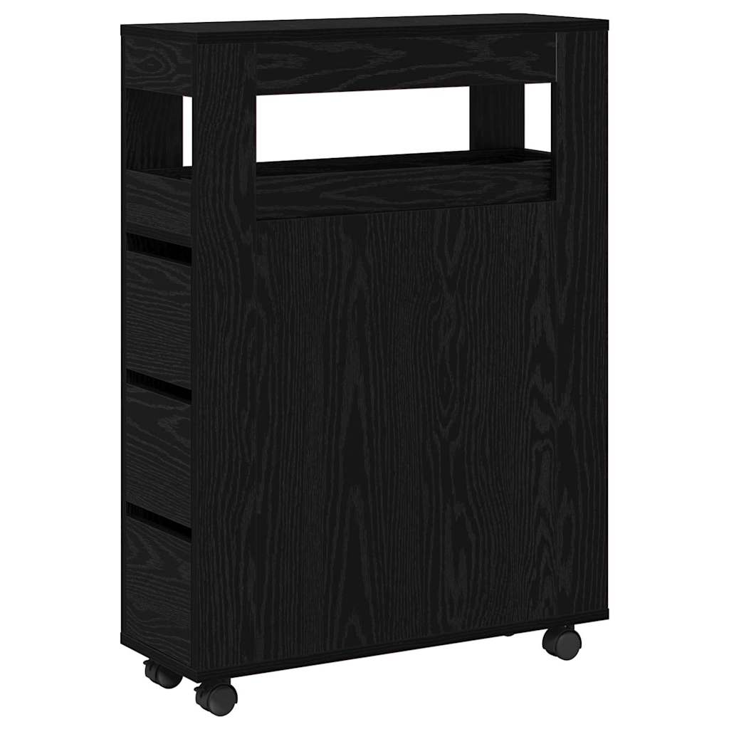 Cabinet de Salle de Bain Étroit Sur Roues Chêne Noir Bois d'Ingénierie