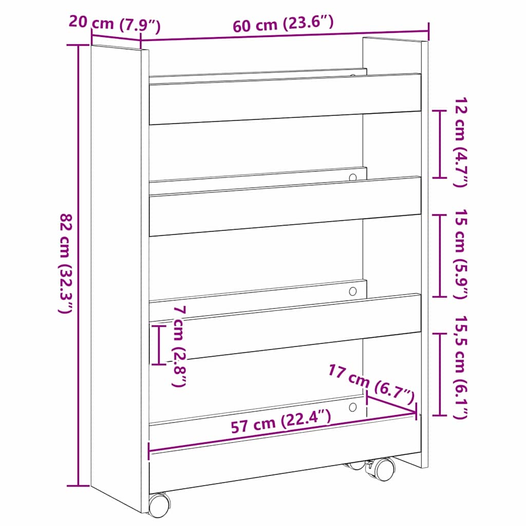 Chariot de Rangement Étroit Chêne noir 60 x 20 x 82 cm - XIOS