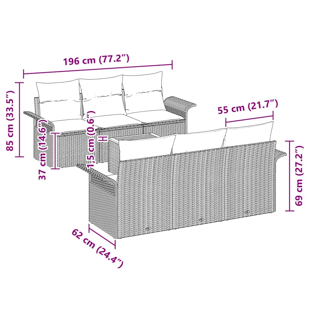 Ensemble de canapé de jardin avec coussin 7 pcs Beige polyrotin