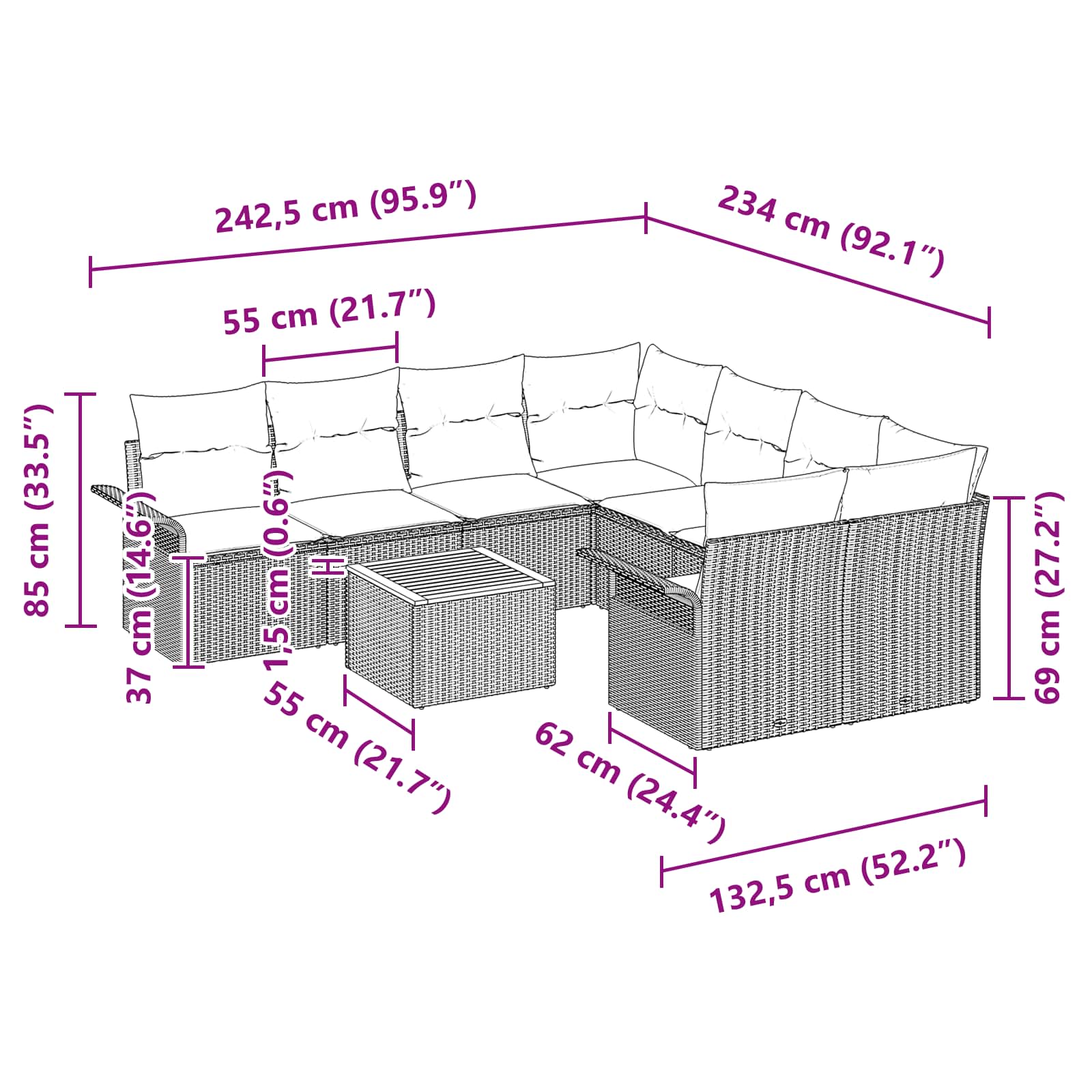 Ensemble de canapé de jardin avec coussin 9 pcs Noir polyrotin