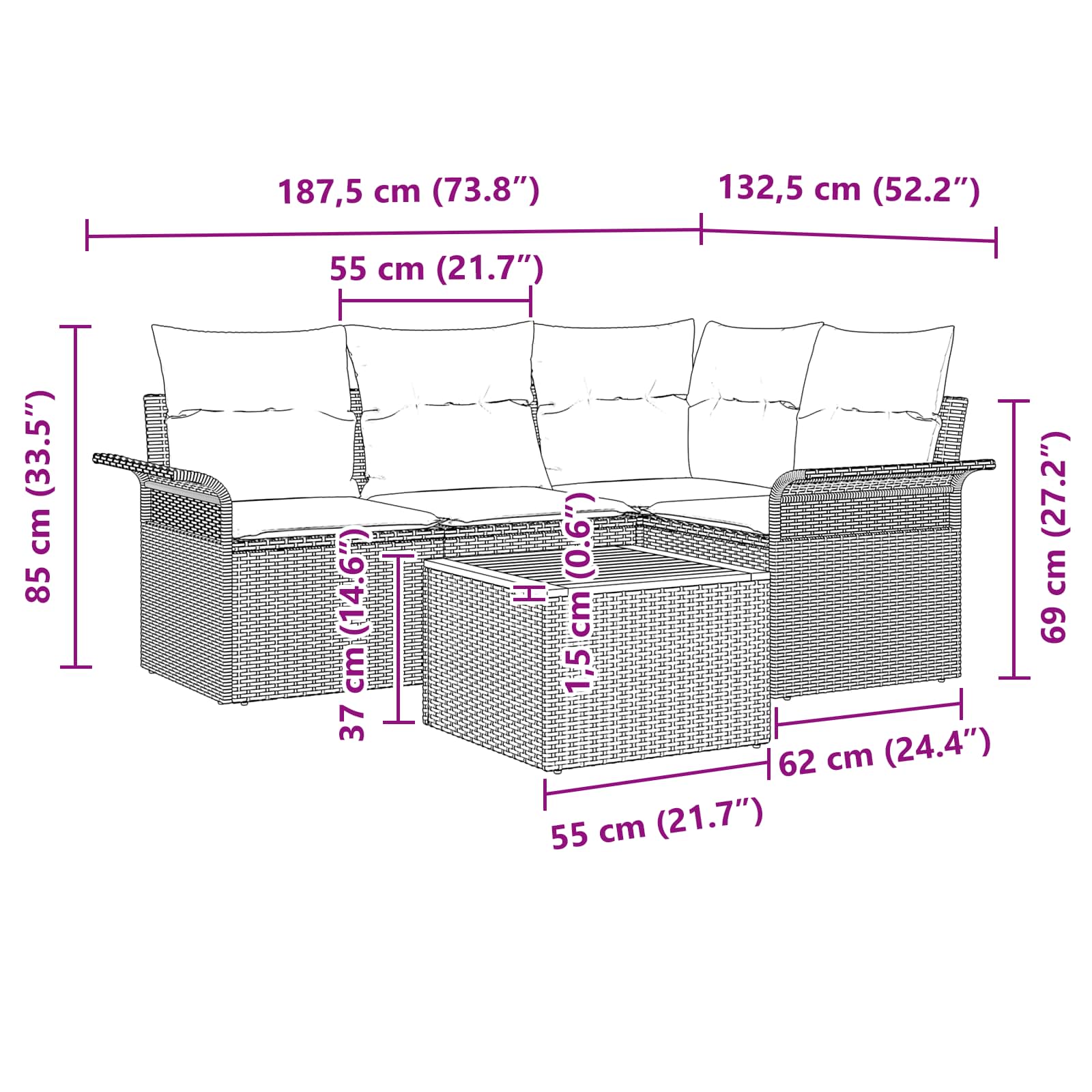 Ensemble de canapé de jardin avec coussin 5 pcs Gris polyrotin