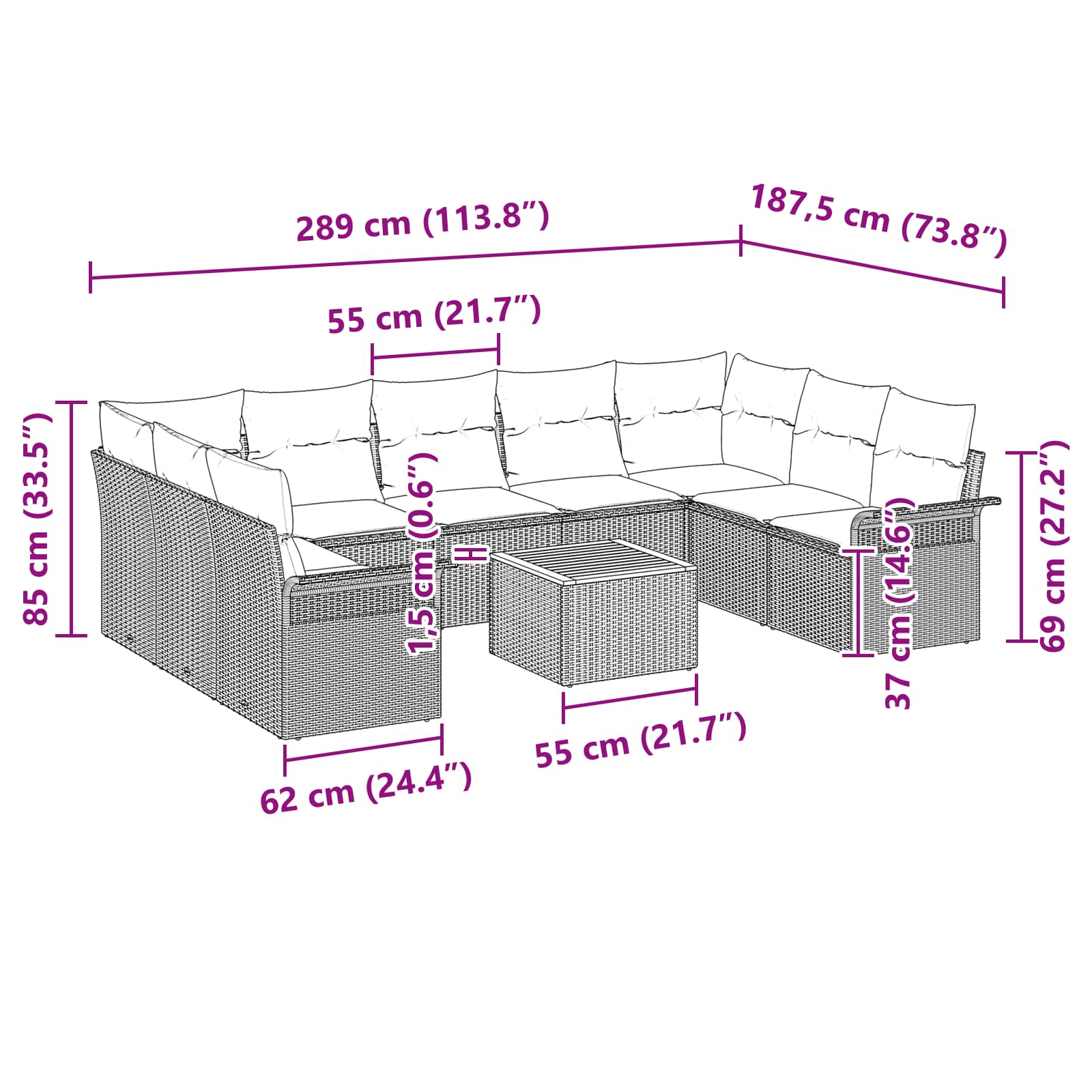 Ensemble de canapé de jardin avec coussin 10 pcs Gris polyrotin