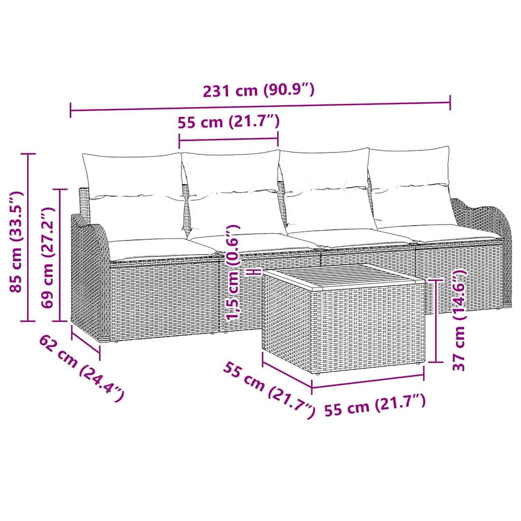 Ensemble de canapé de jardin avec coussin 5 pcs Beige polyrotin