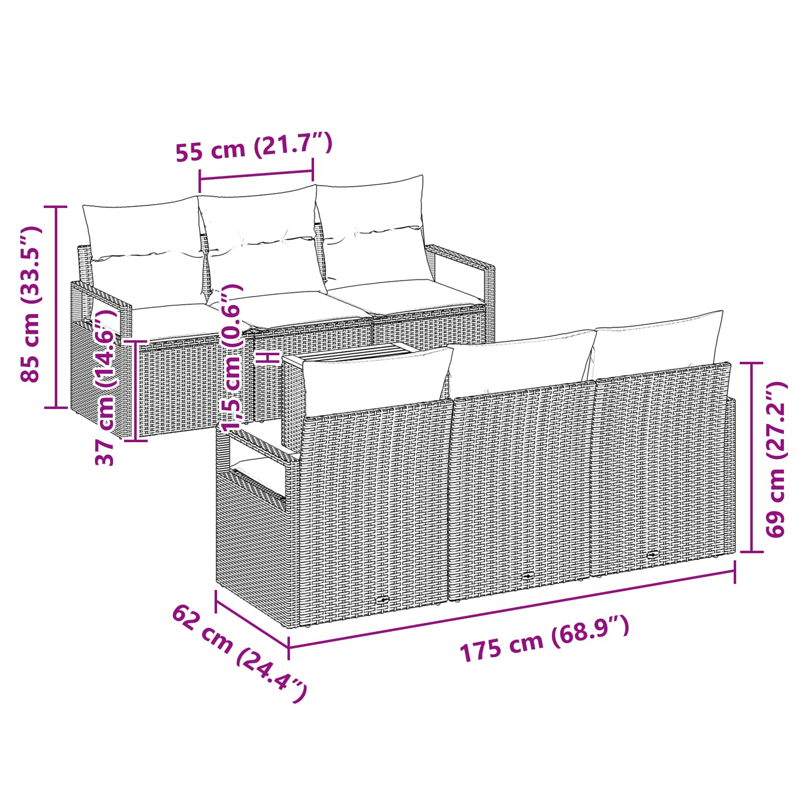 Ensemble de canapé de jardin avec coussin 7 pcs Noir polyrotin