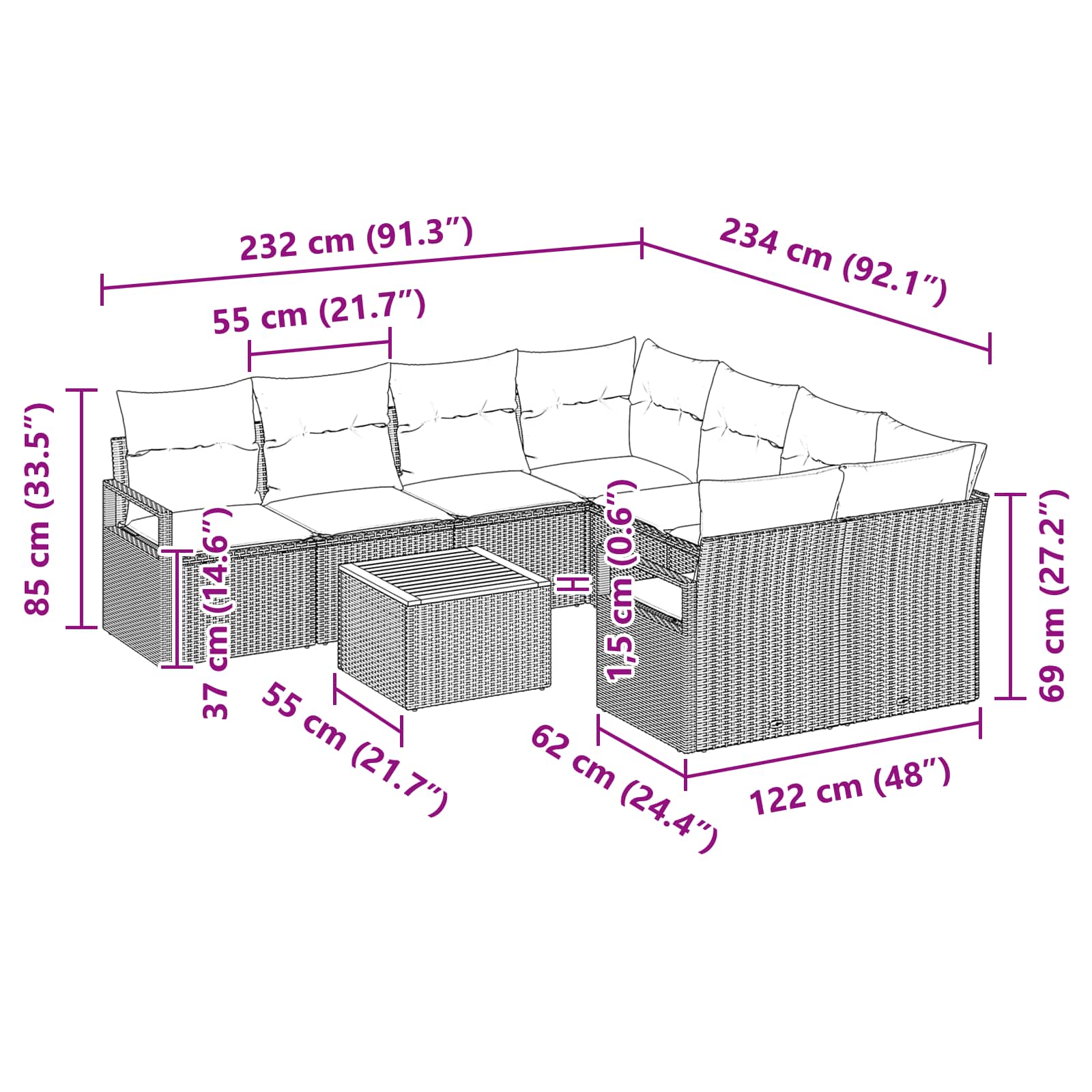 Ensemble de canapé de jardin avec coussin 9 pcs Noir polyrotin