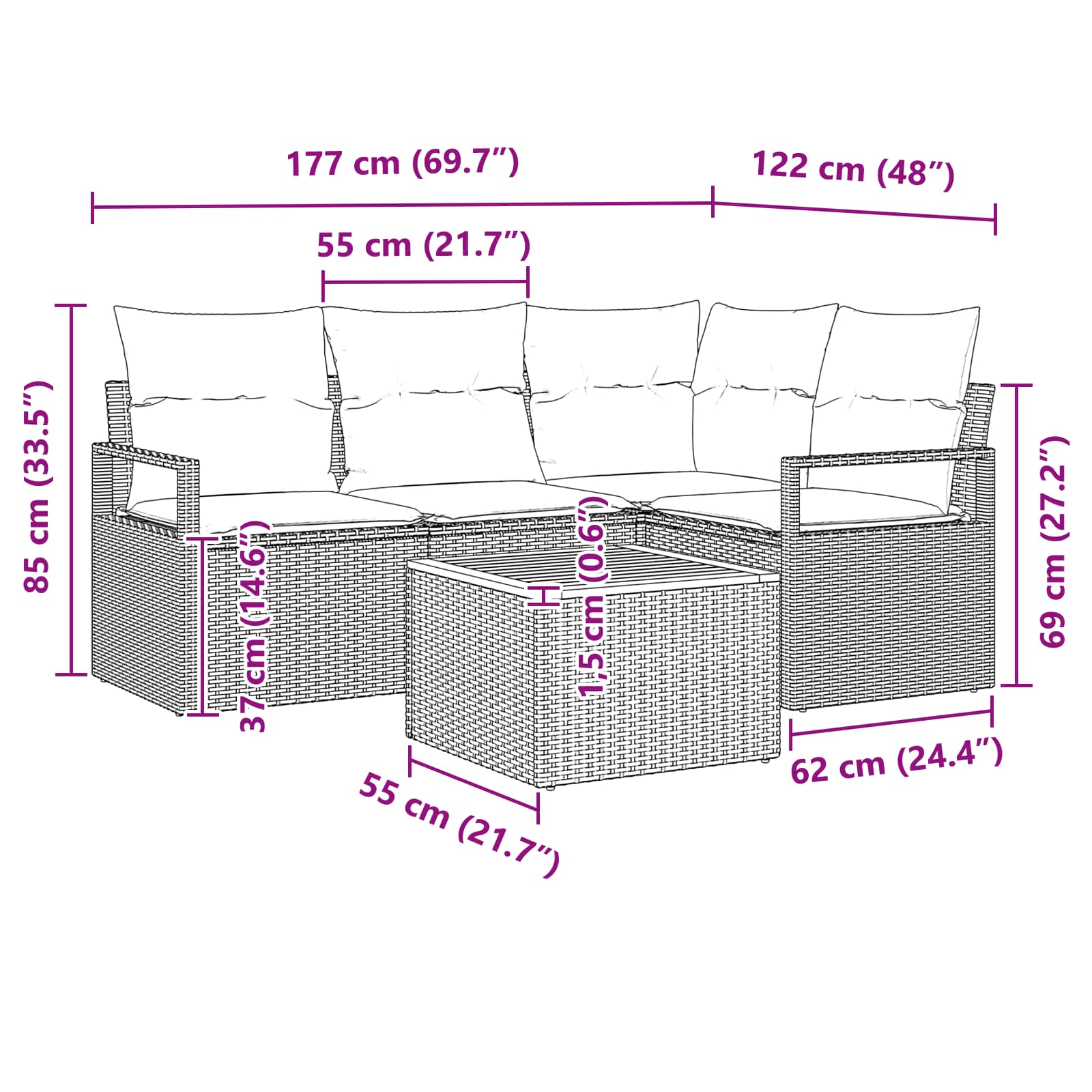 Ensemble de canapé de jardin avec coussin 5 pcs Noir polyrotin
