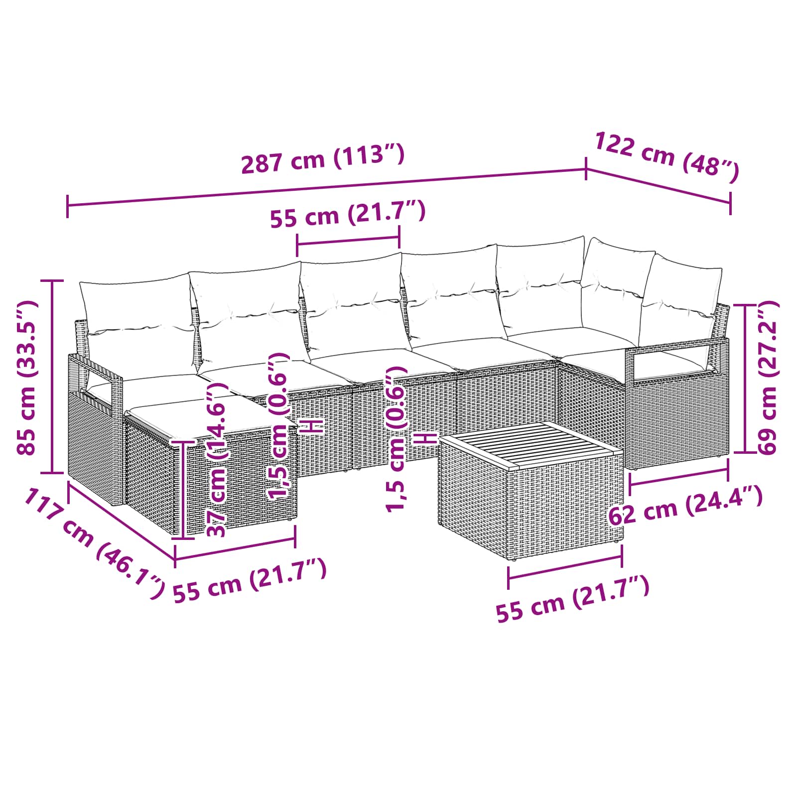 Ensemble de canapé de jardin avec coussin 8 pcs Noir polyrotin