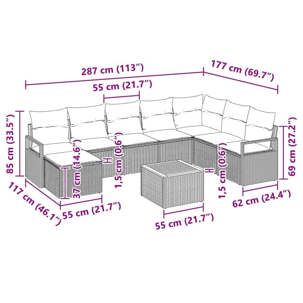 Ensemble de canapé de jardin avec coussin 9 pcs Noir polyrotin