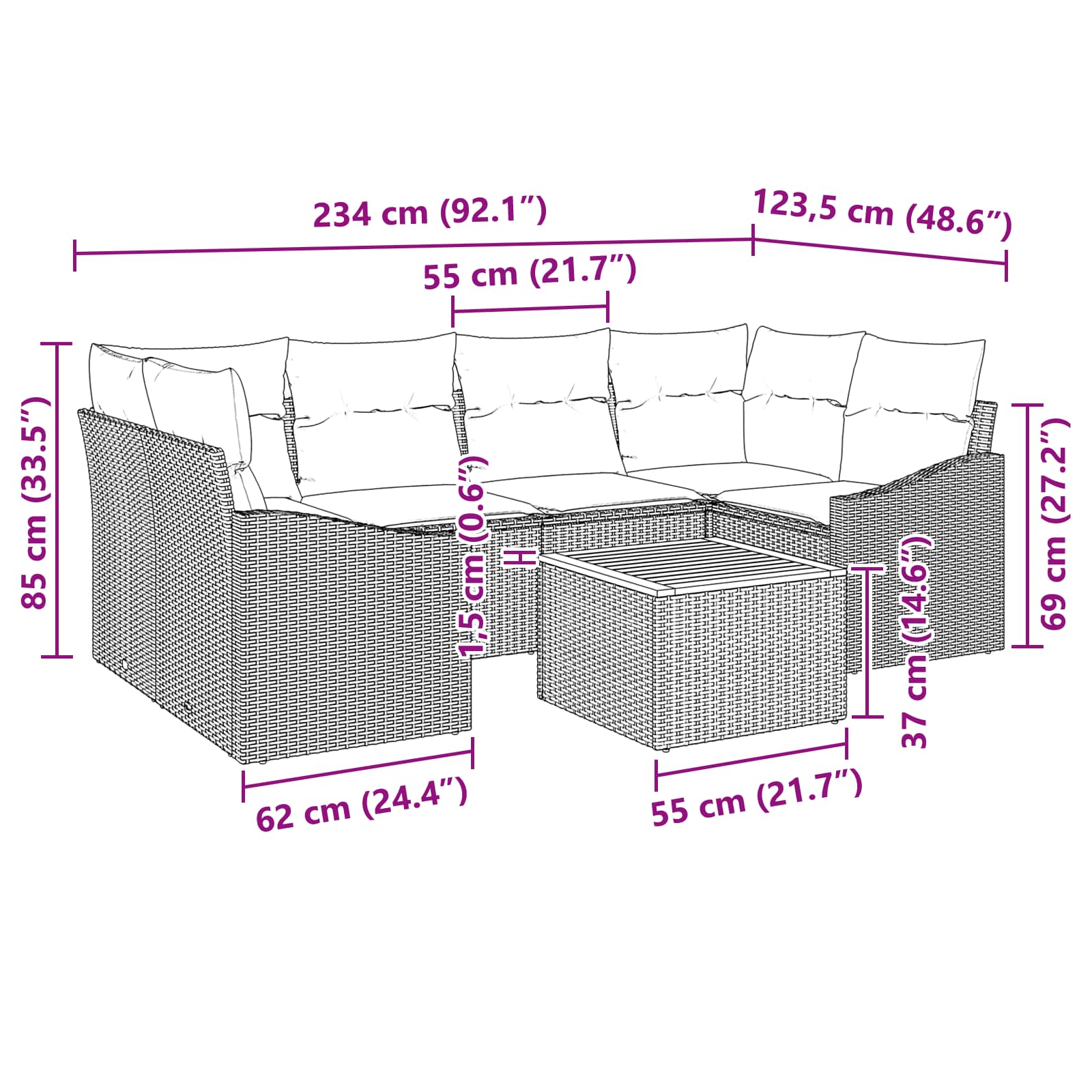 Ensemble de canapé de jardin avec coussin 7 pcs Noir polyrotin