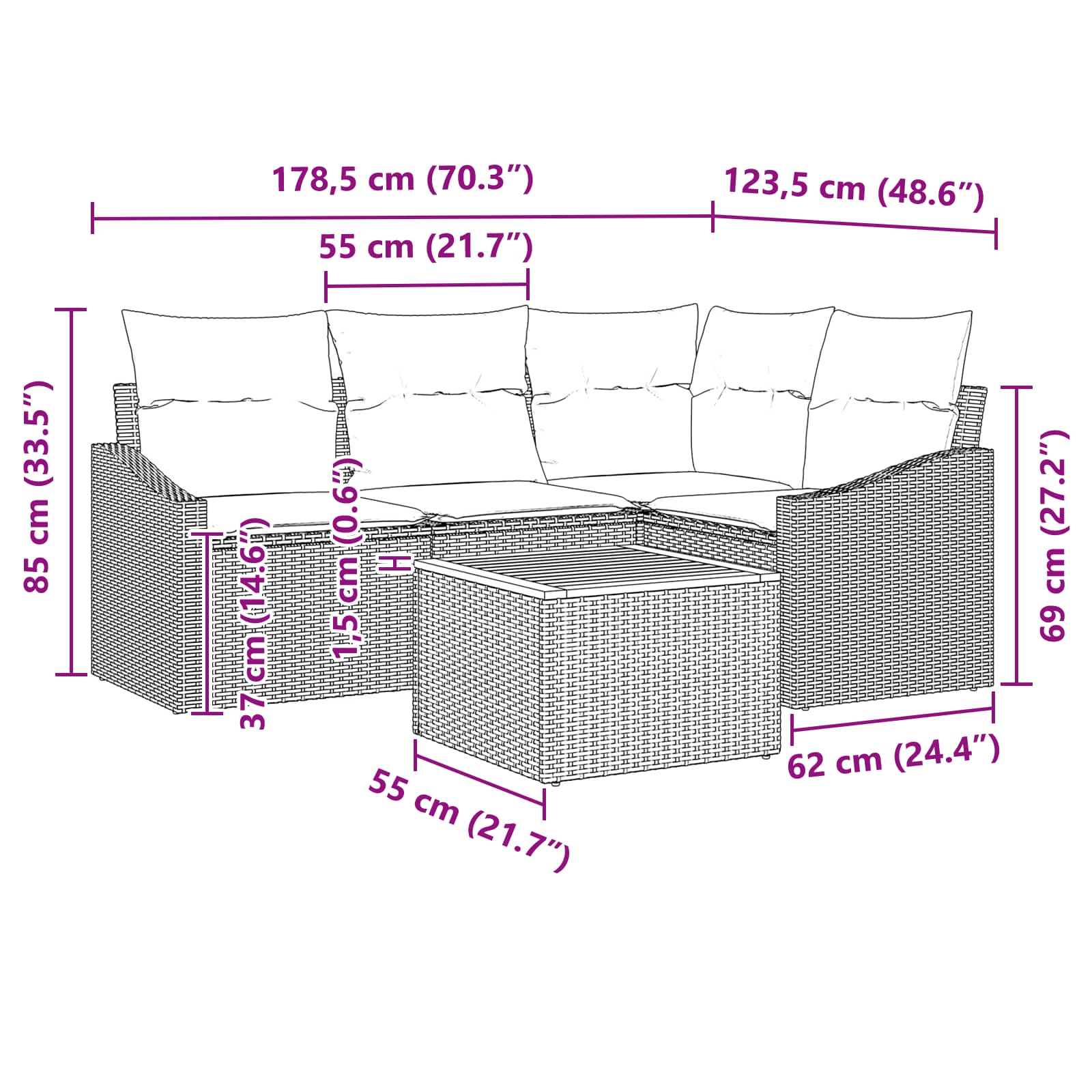 Ensemble de canapé de jardin avec coussin 5 pcs Noir polyrotin