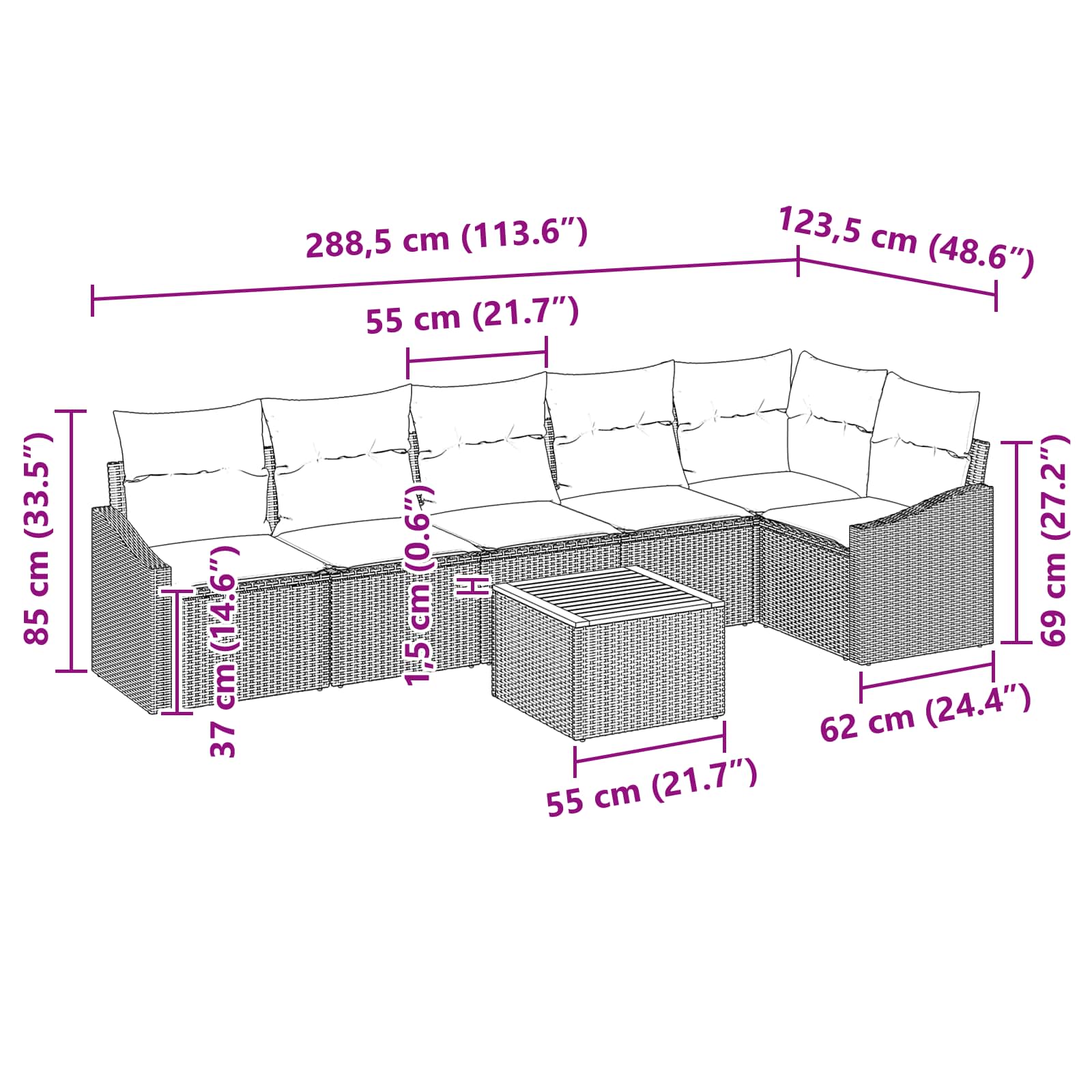 Ensemble de canapé de jardin avec coussin 7 pcs Noir polyrotin