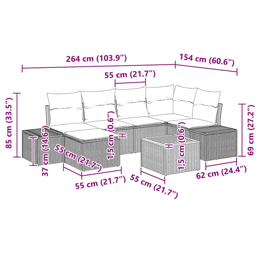 Ensemble de canapé de jardin avec coussin 7 pcs Noir polyrotin