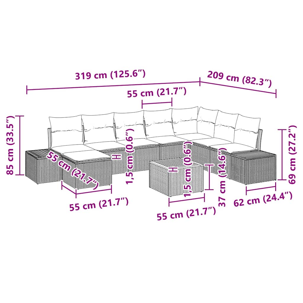 Ensemble de canapé de jardin avec coussin 9 pcs Noir polyrotin