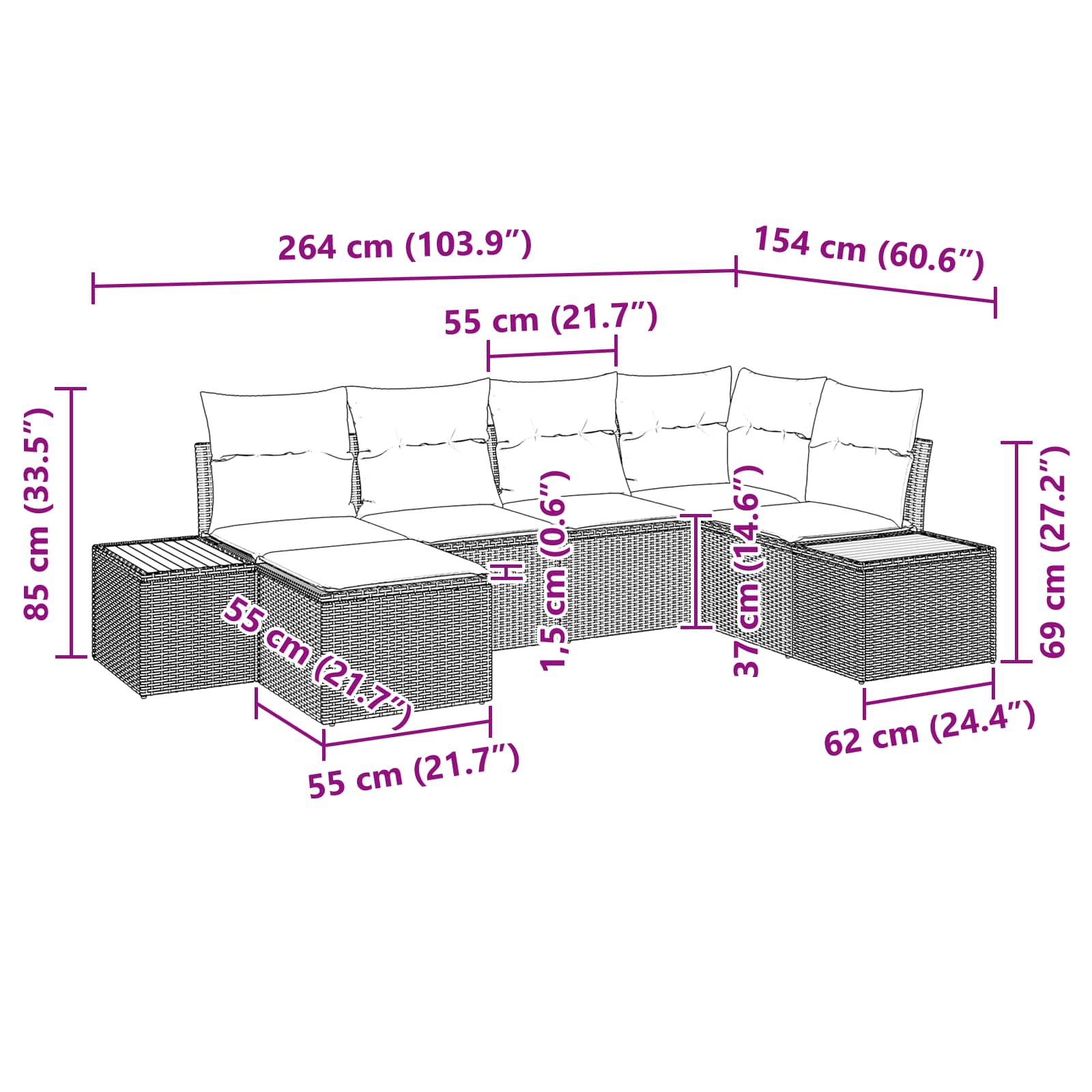 Ensemble de canapé de jardin 6 pc Noir polyrotin