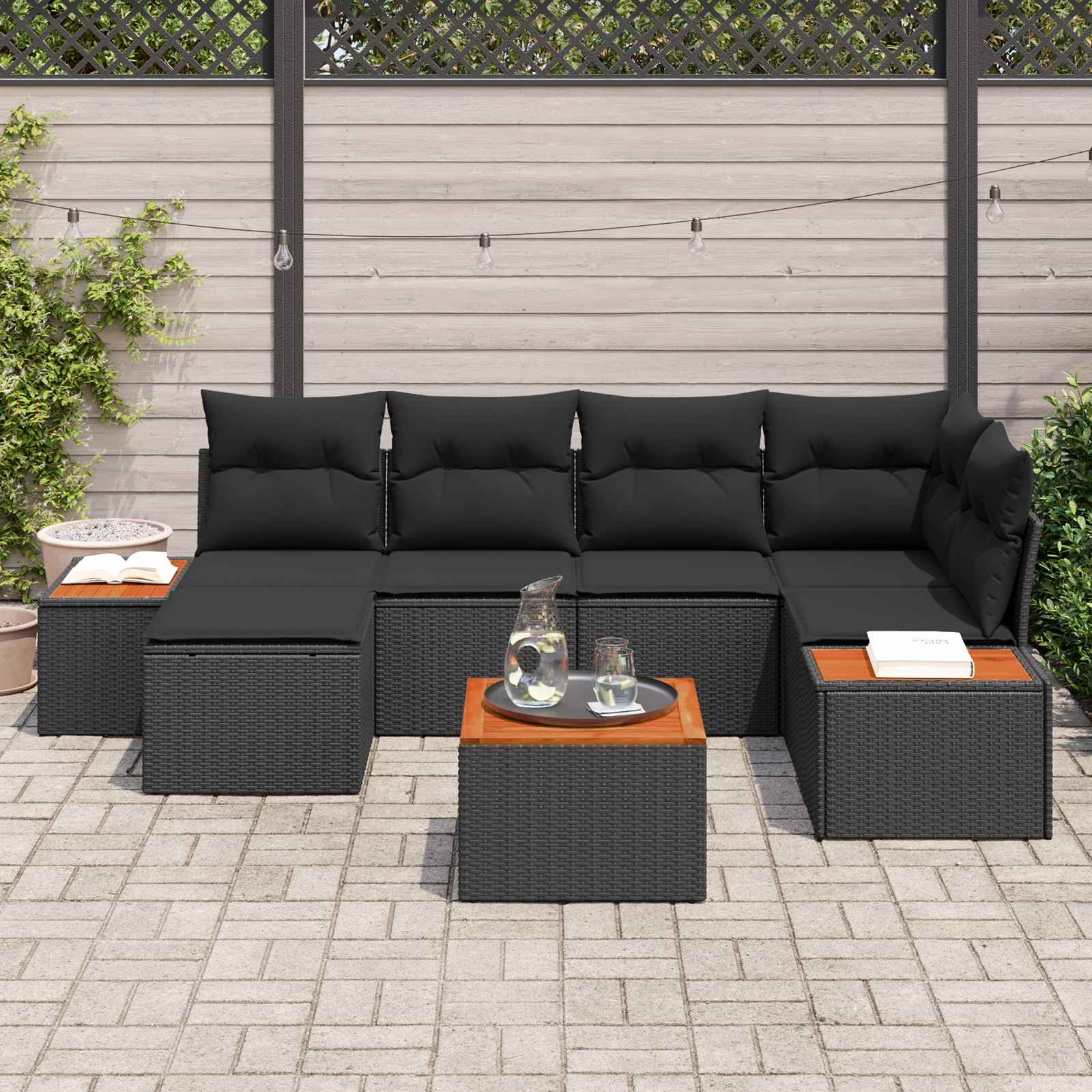 Ensemble de canapé de jardin avec coussin 7 pcs Noir polyrotin