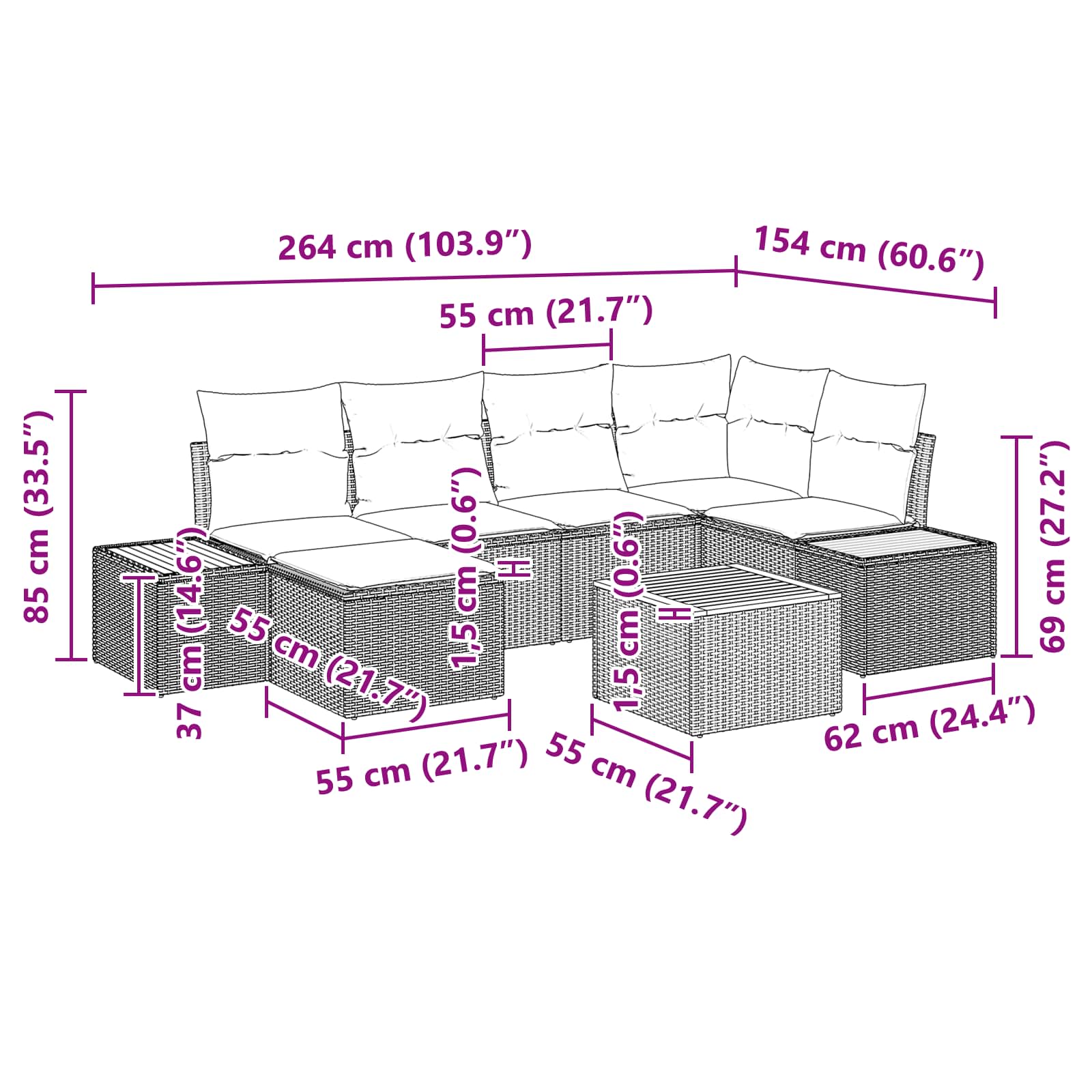 Ensemble de canapé de jardin avec coussin 7 pcs Noir polyrotin
