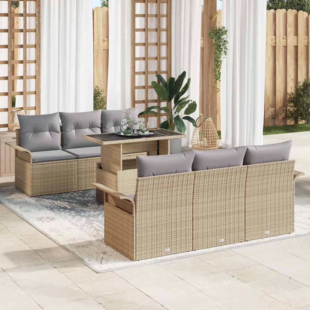 Ensemble de canapé de jardin avec coussin 7 pcs Beige polyrotin