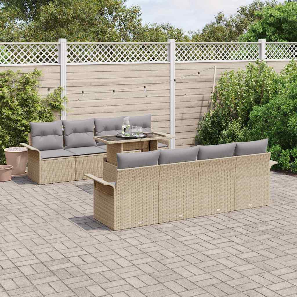Ensemble de canapé de jardin avec coussin 9 pcs Beige polyrotin