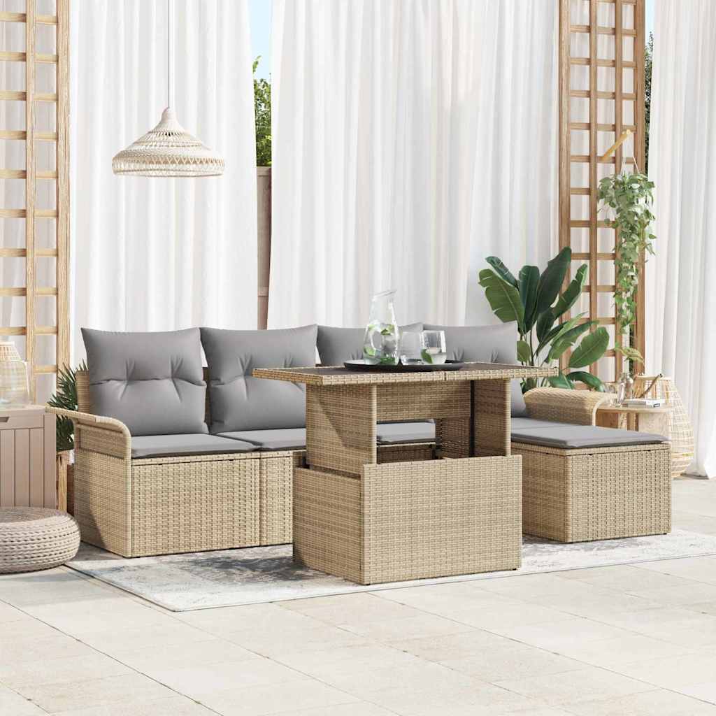 Ensemble de canapé de jardin avec coussin 6 pcs Beige polyrotin