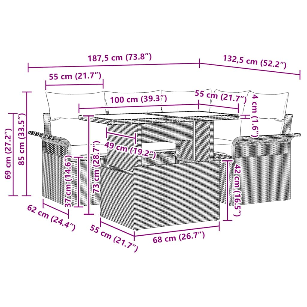 Ensemble de canapé de jardin 5 pcs Marron Poly rotin