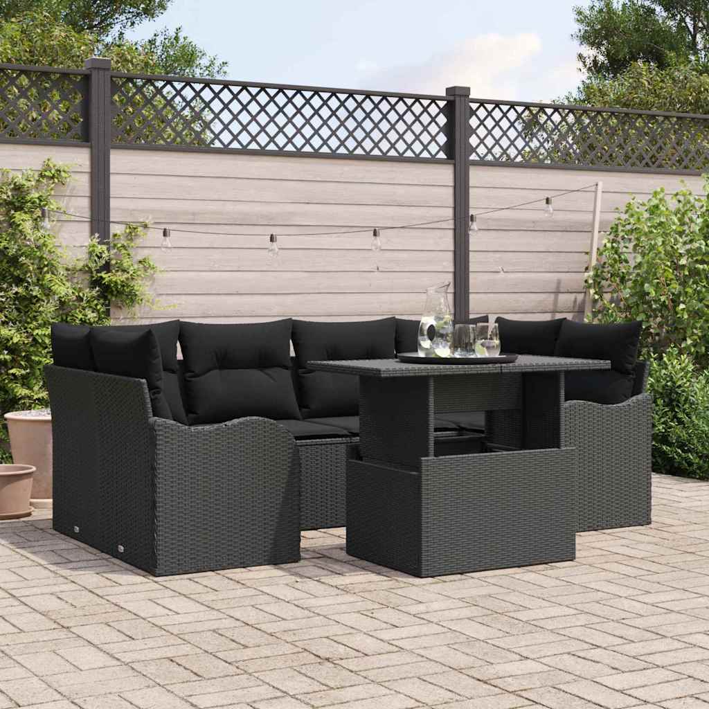 Ensemble de canapé de jardin avec coussin 7 pcs Noir Poly rotin