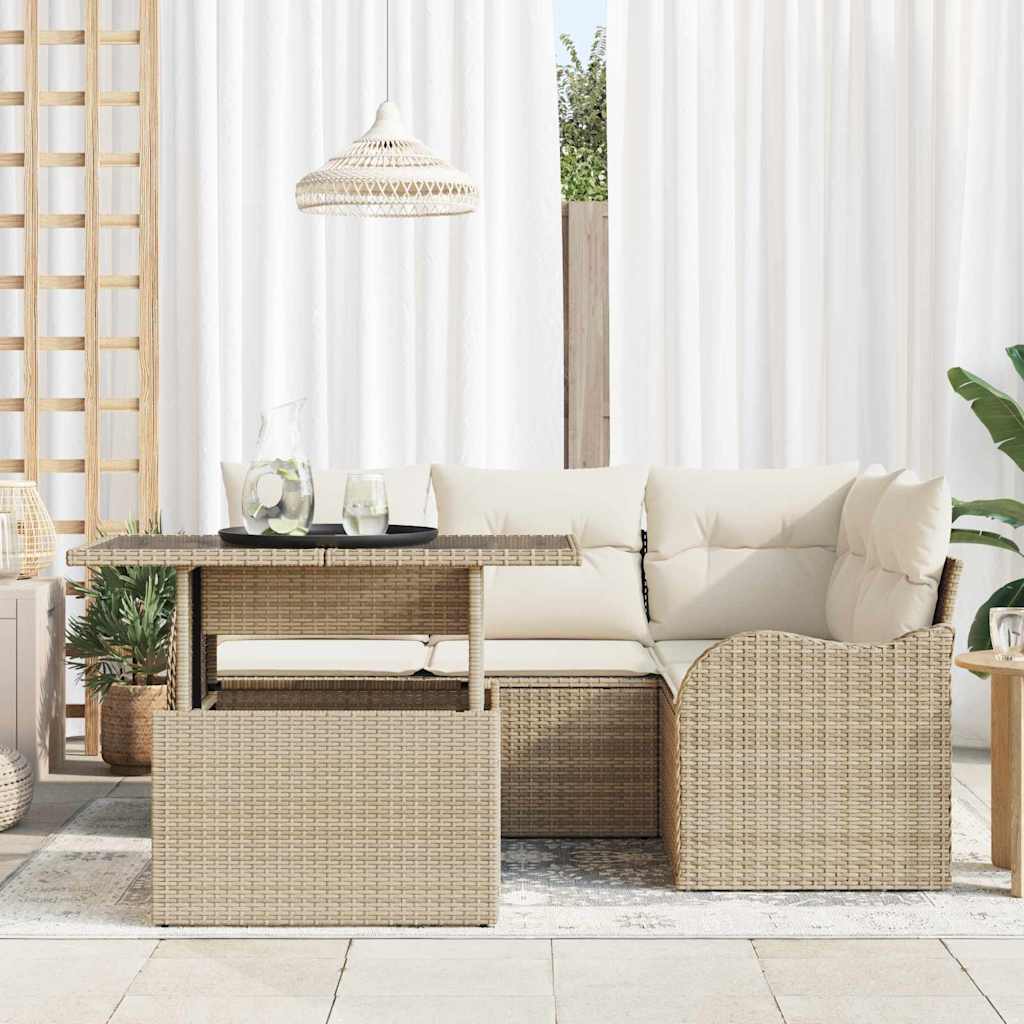 Ensemble de repas extérieur avec coussin 5 pcs Beige Poly rotin