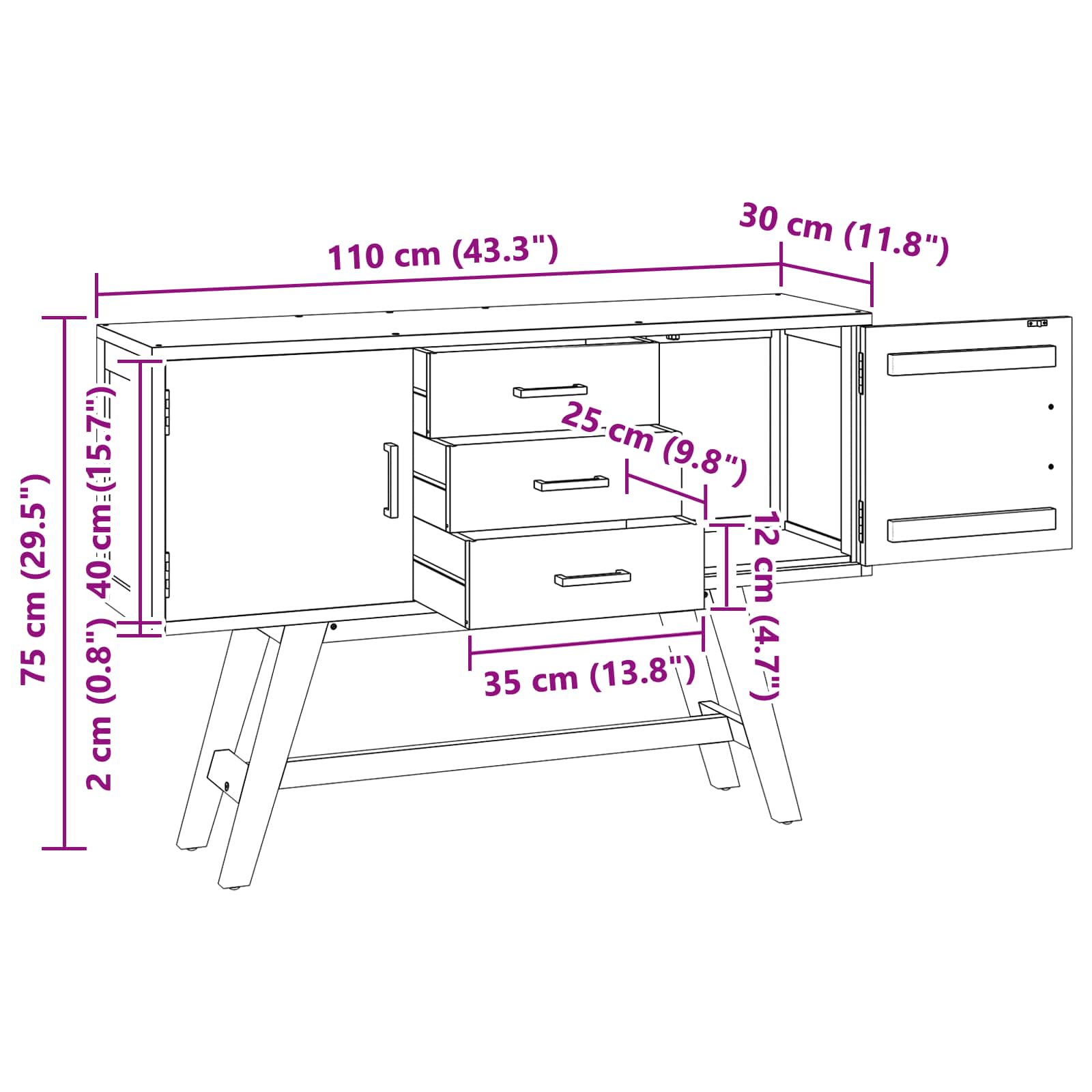 Meuble TV 110 x 30 x 75 cm Naturel Bois de teck massif
