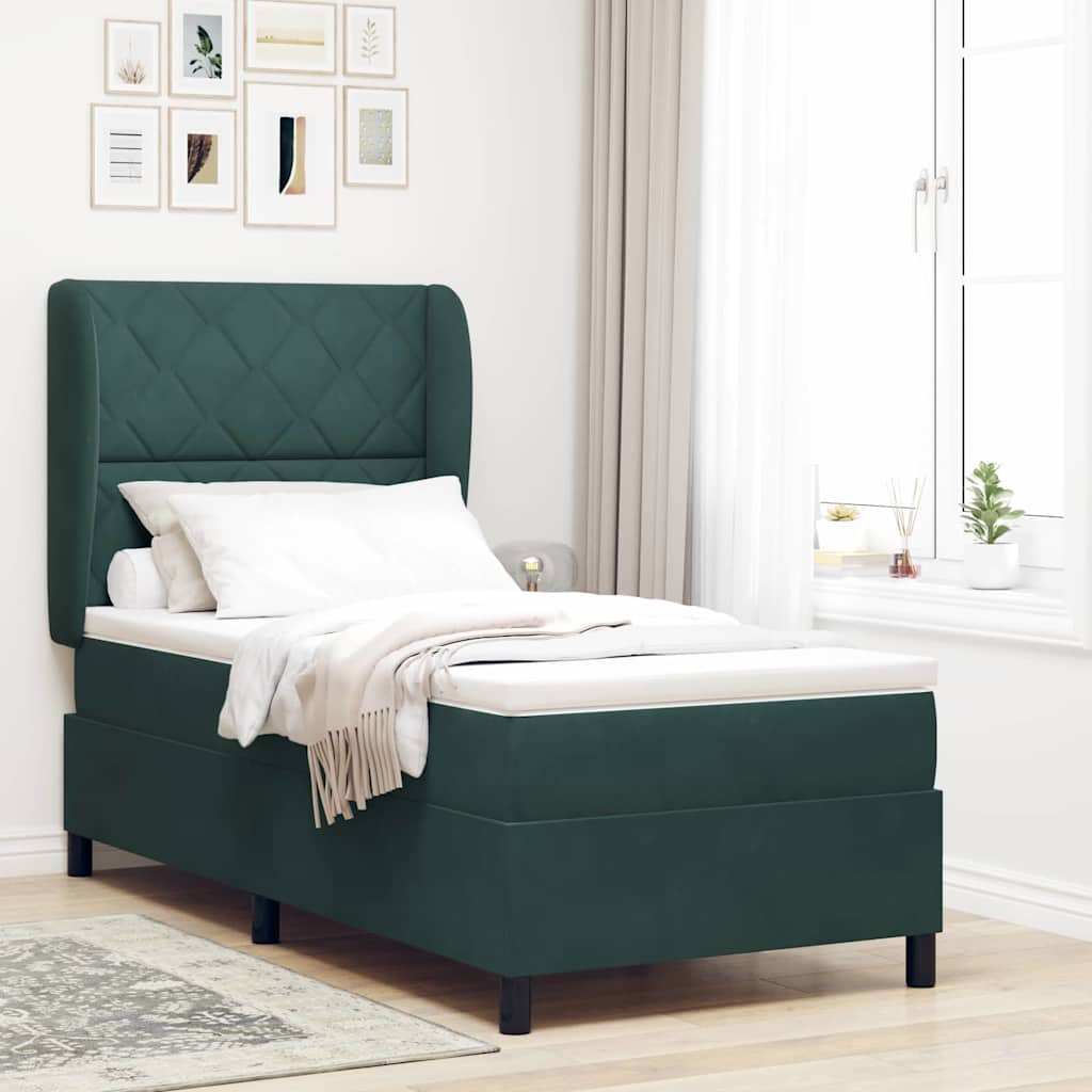 Lit à ressorts avec tête de lit Vert foncé 190 x 90 cm Velours