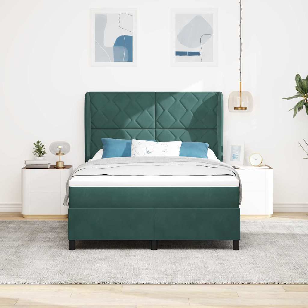 Lit à ressorts avec tête de lit Vert foncé 190 x 140 cm Velours