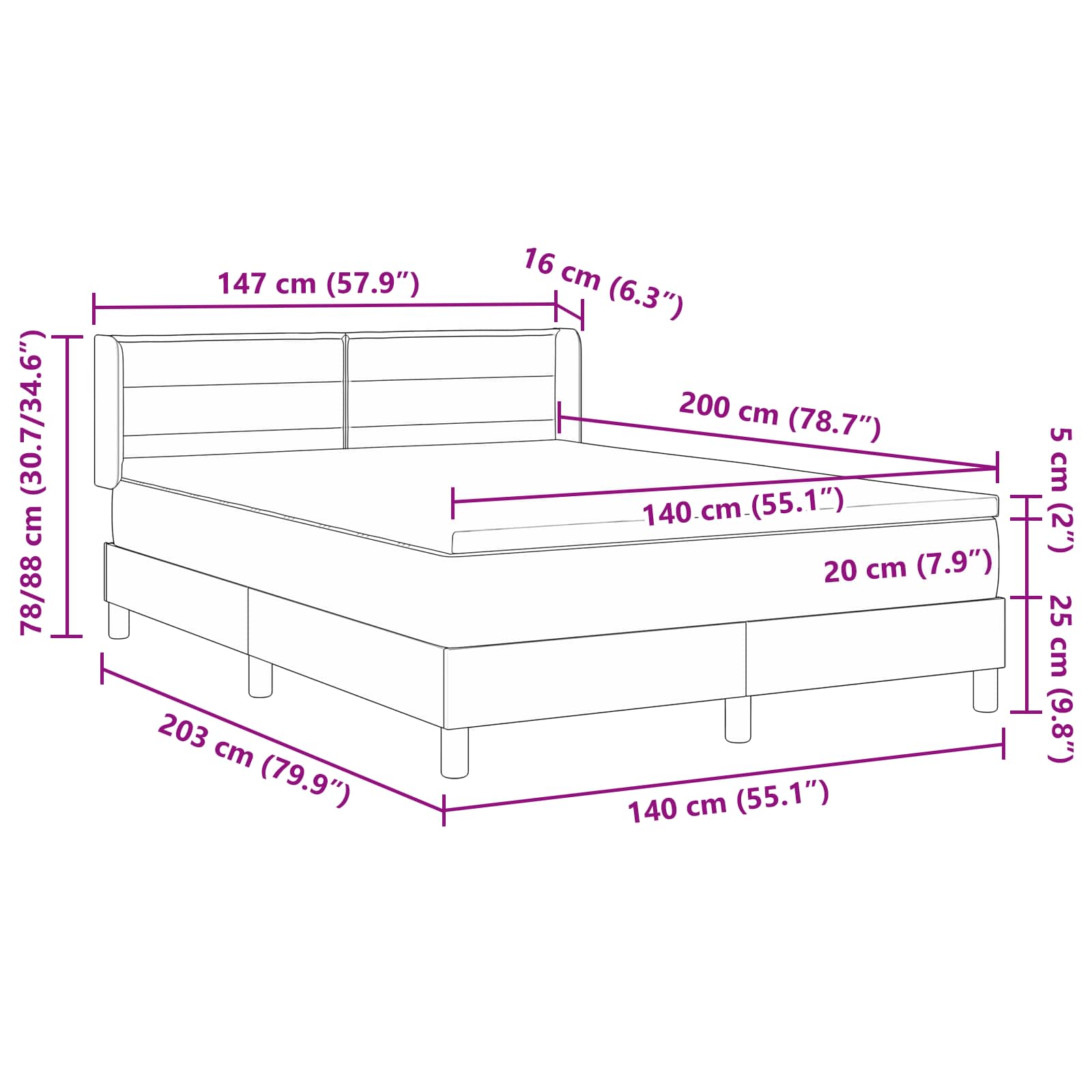 Lit à ressorts avec matelas Noir 200 x 140 cm tissu - XIOS