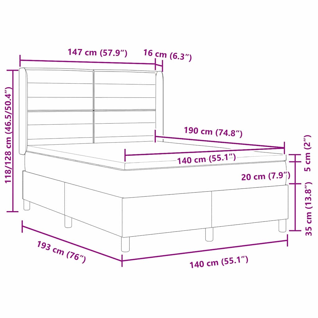 Lit à ressorts avec matelas Noir 140 x 190 cm tissu - XIOS