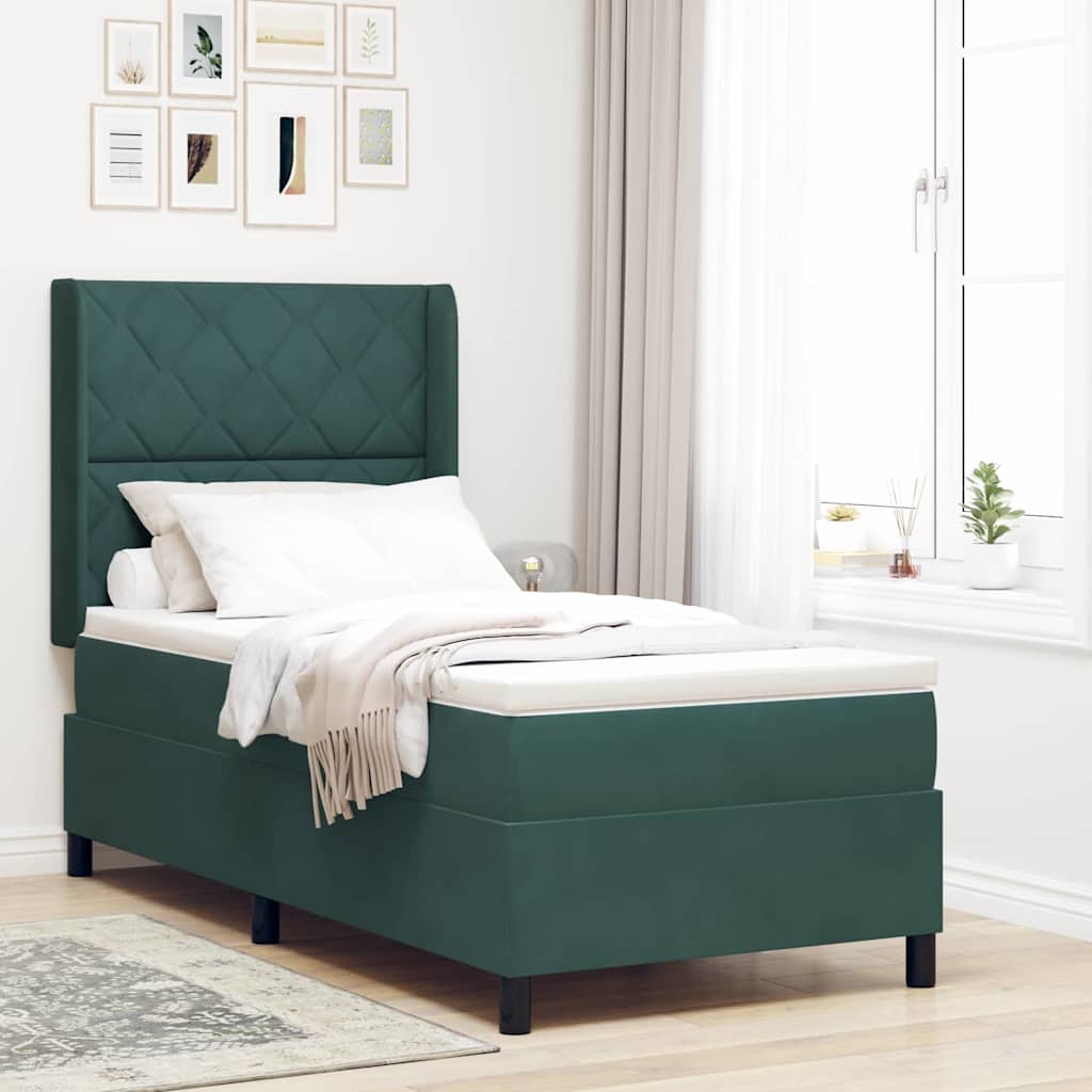 Lit à ressorts avec tête de lit Vert foncé 100 x 200 cm Velours