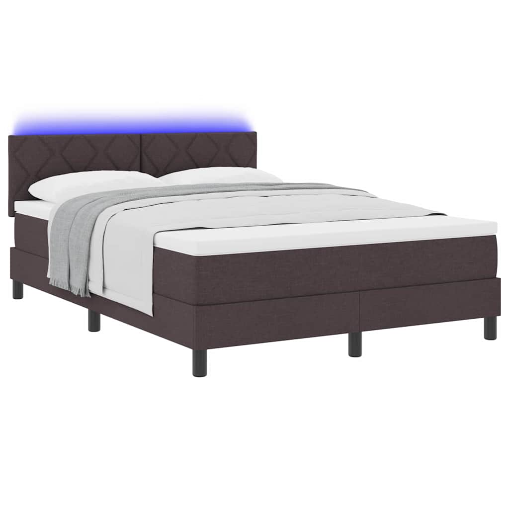 Lit à ressorts avec bandes LED Marron foncé 140 x 200 cm tissu