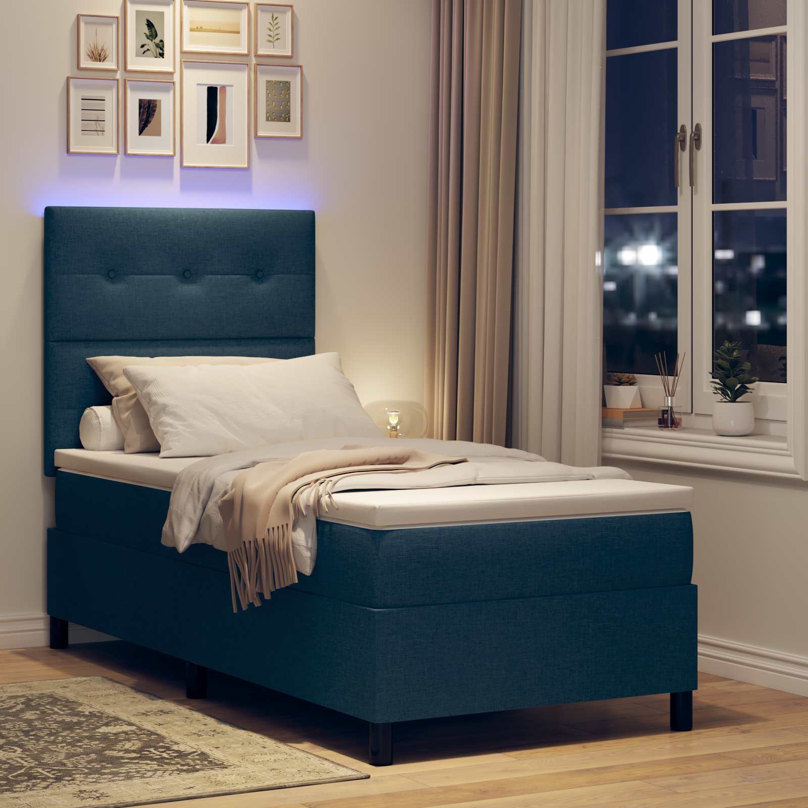 Lit à ressorts avec bandes LED Bleu 90 x 190 cm tissu