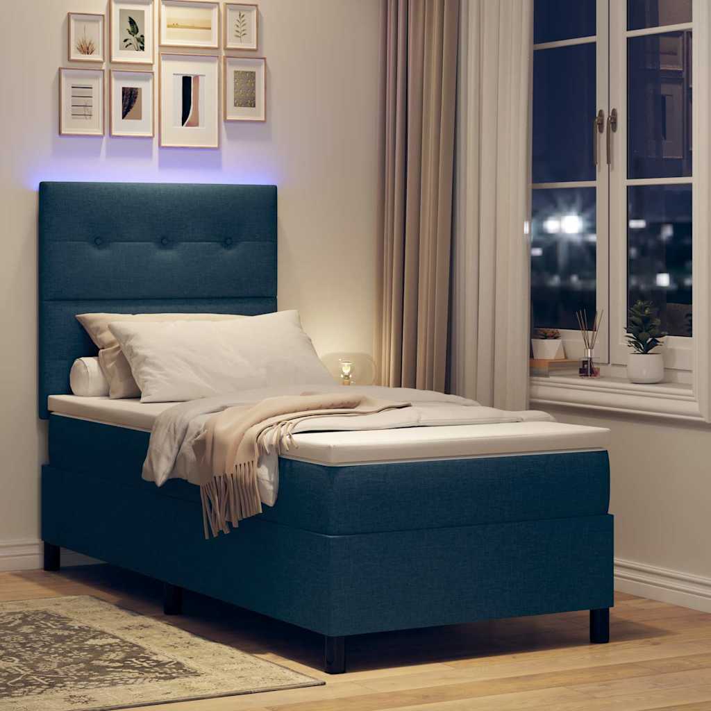 Lit à ressorts avec bandes LED Bleu 90 x 200 cm tissu
