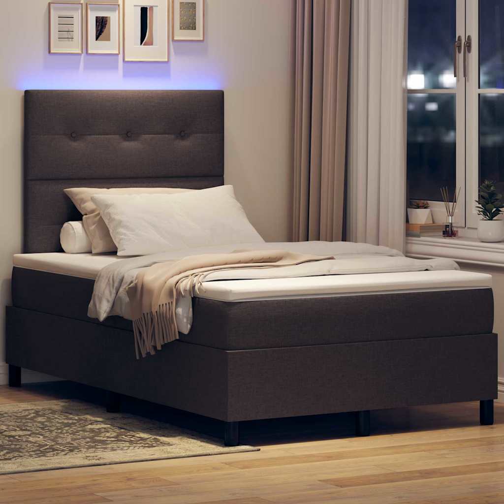 Lit à ressorts avec bandes LED Marron foncé 120 x 200 cm tissu