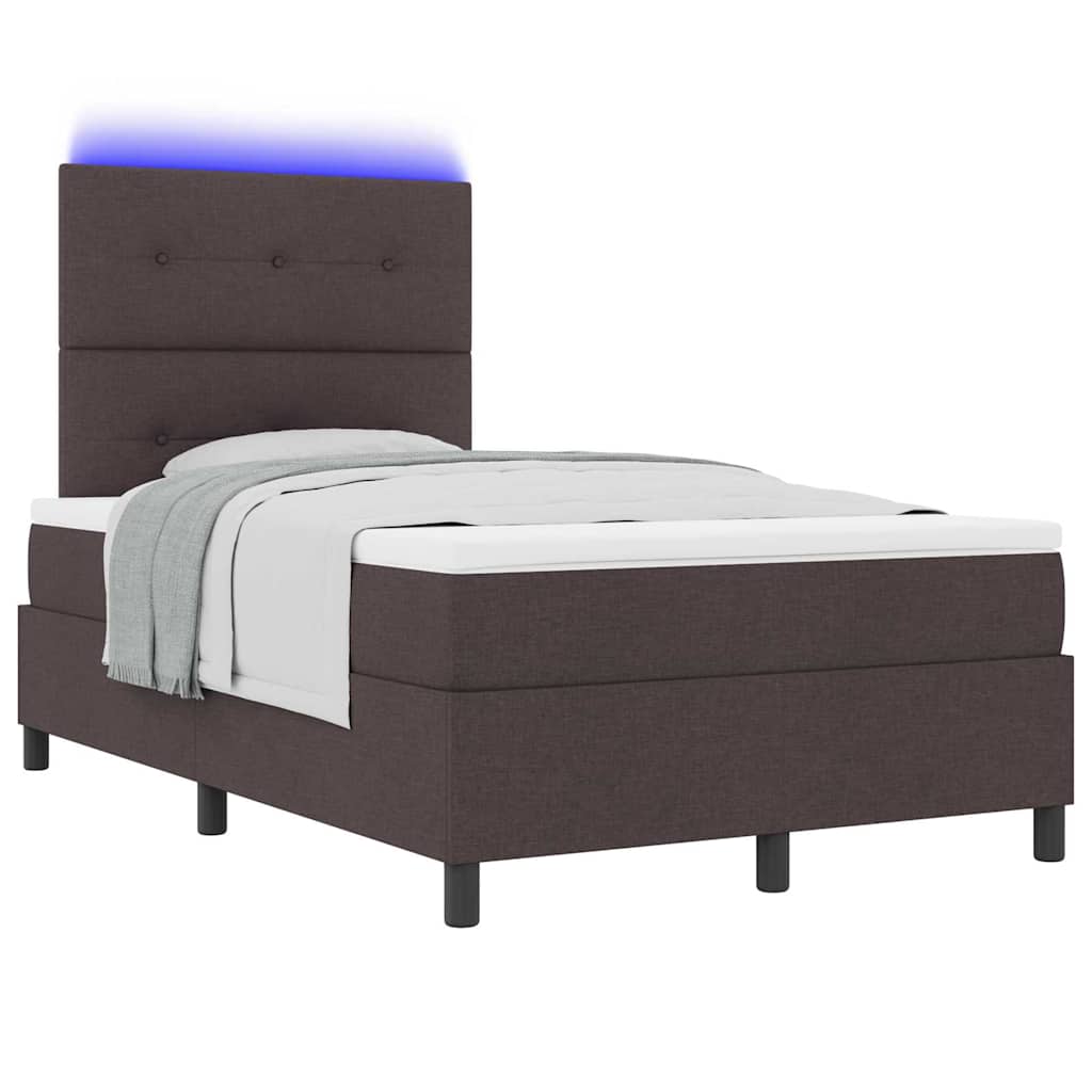 Lit à ressorts avec bandes LED Marron foncé 120 x 200 cm tissu