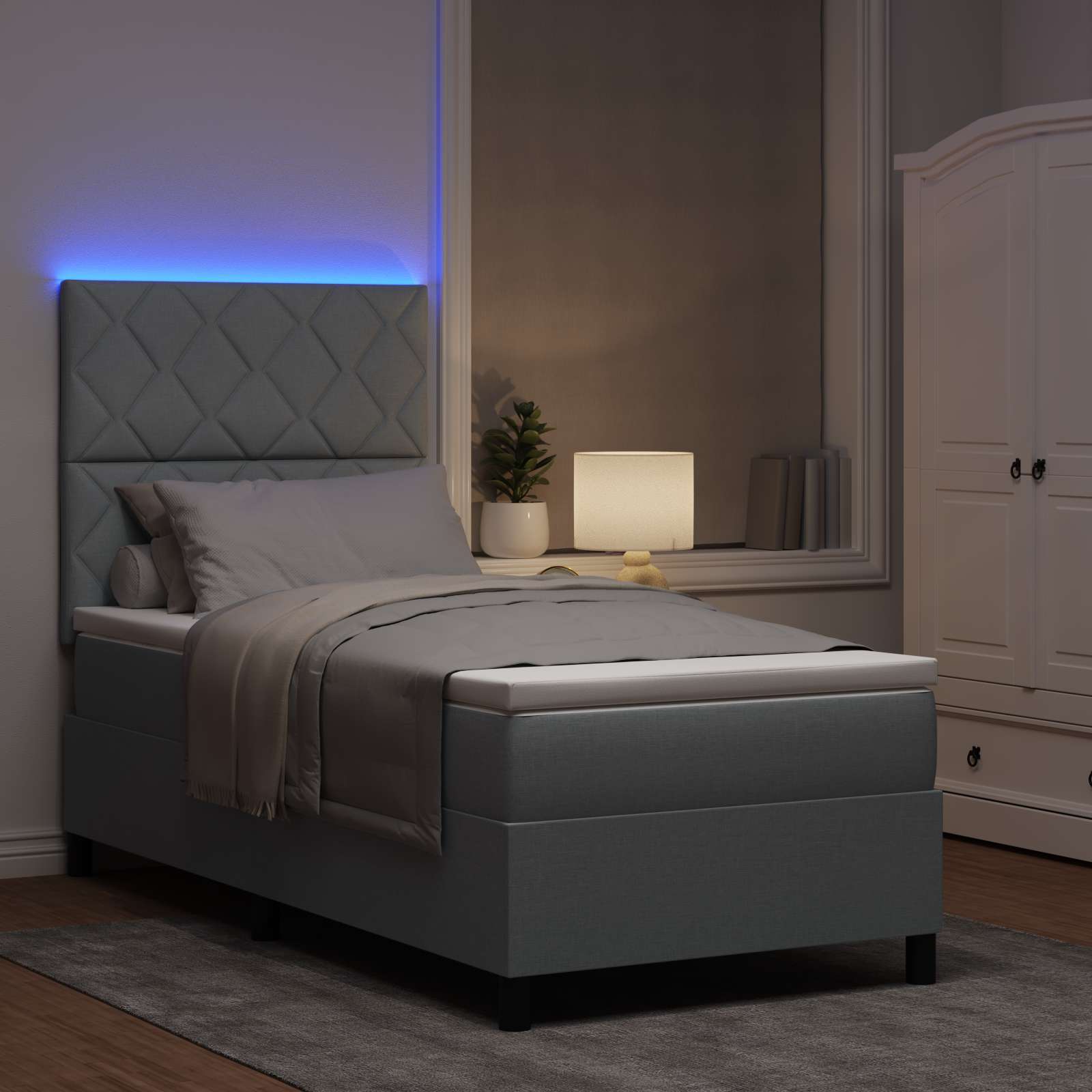 Lit à ressorts avec bandes LED Gris clair 100 x 200 cm tissu - XIOS