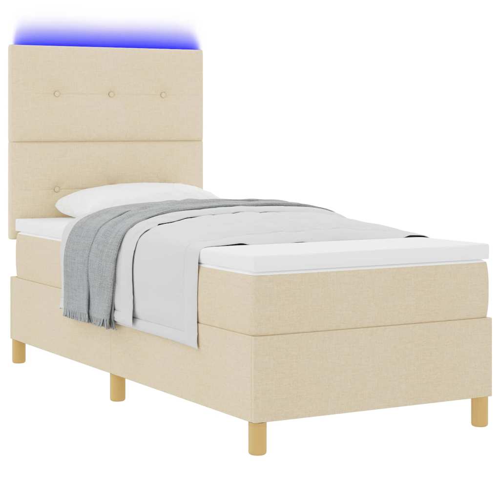 Lit à ressort LED avec tête de lit Crème 90 x 200 cm tissu