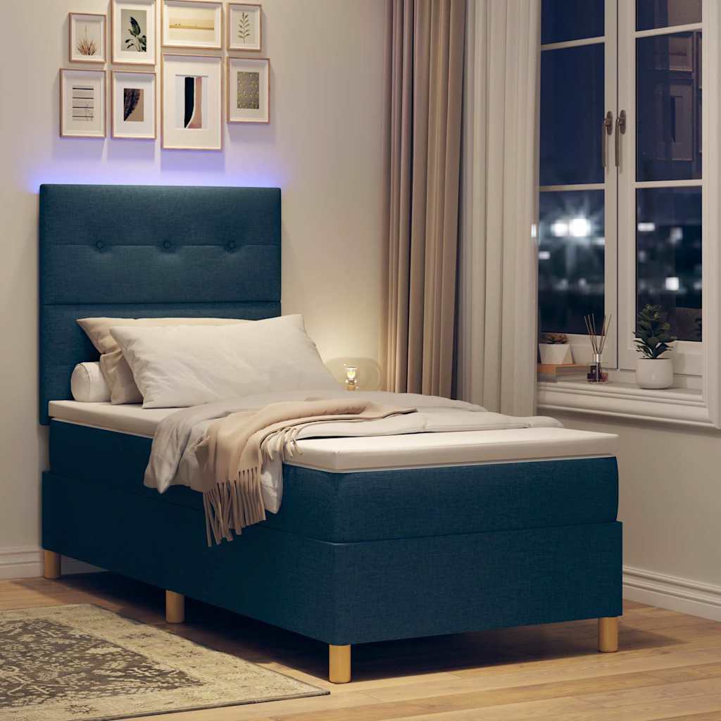 Lit à ressort LED avec tête de lit Bleu 90 x 200 cm tissu