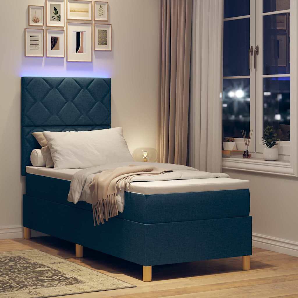 Lit à ressort LED avec tête de lit Bleu 80 x 200 cm tissu