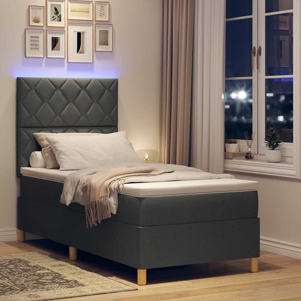 Lit à ressort LED avec tête de lit Gris foncé 90 x 200 cm tissu