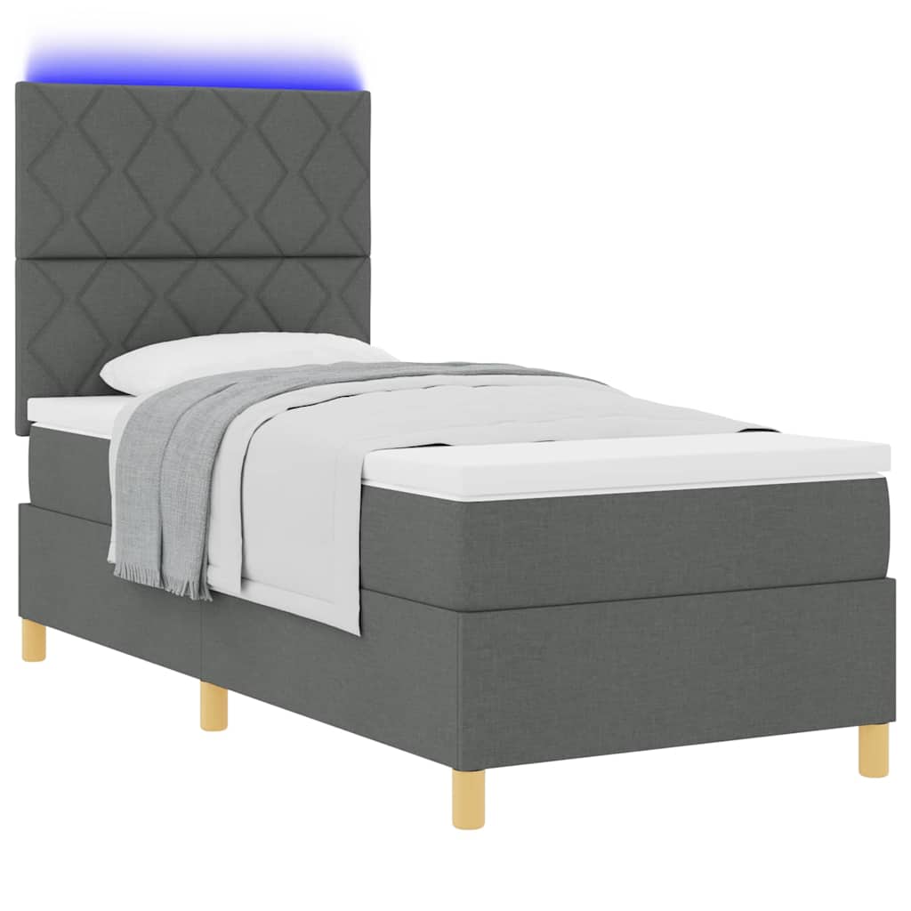 Lit à ressort LED avec tête de lit Gris foncé 90 x 200 cm tissu