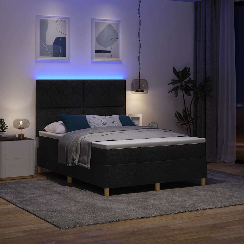 Lit à ressort LED avec tête de lit Noir 140 x 190 cm tissu