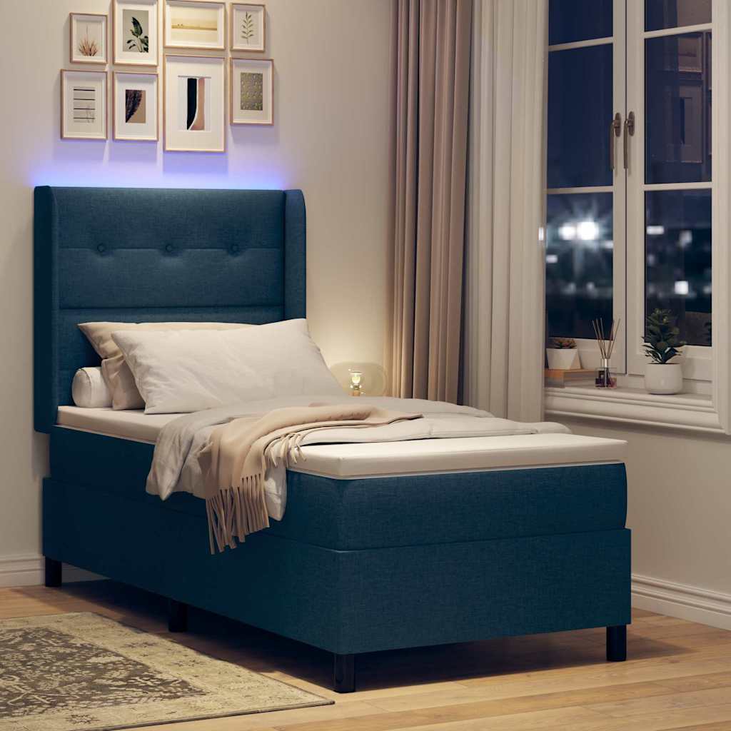 Lit à ressort LED avec tête de lit Bleu 90 x 190 cm tissu