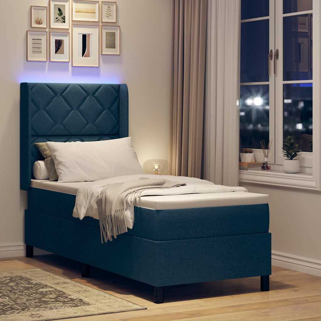 Lit à ressort LED avec tête de lit Bleu 80 x 200 cm tissu